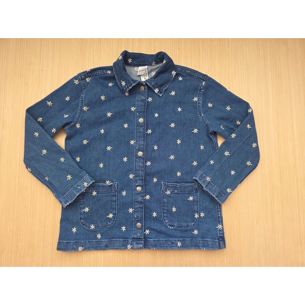 Hanna Andersson Girl's 12 (150cm) Embroidered Flowers Denim Jacket Snap Buttons